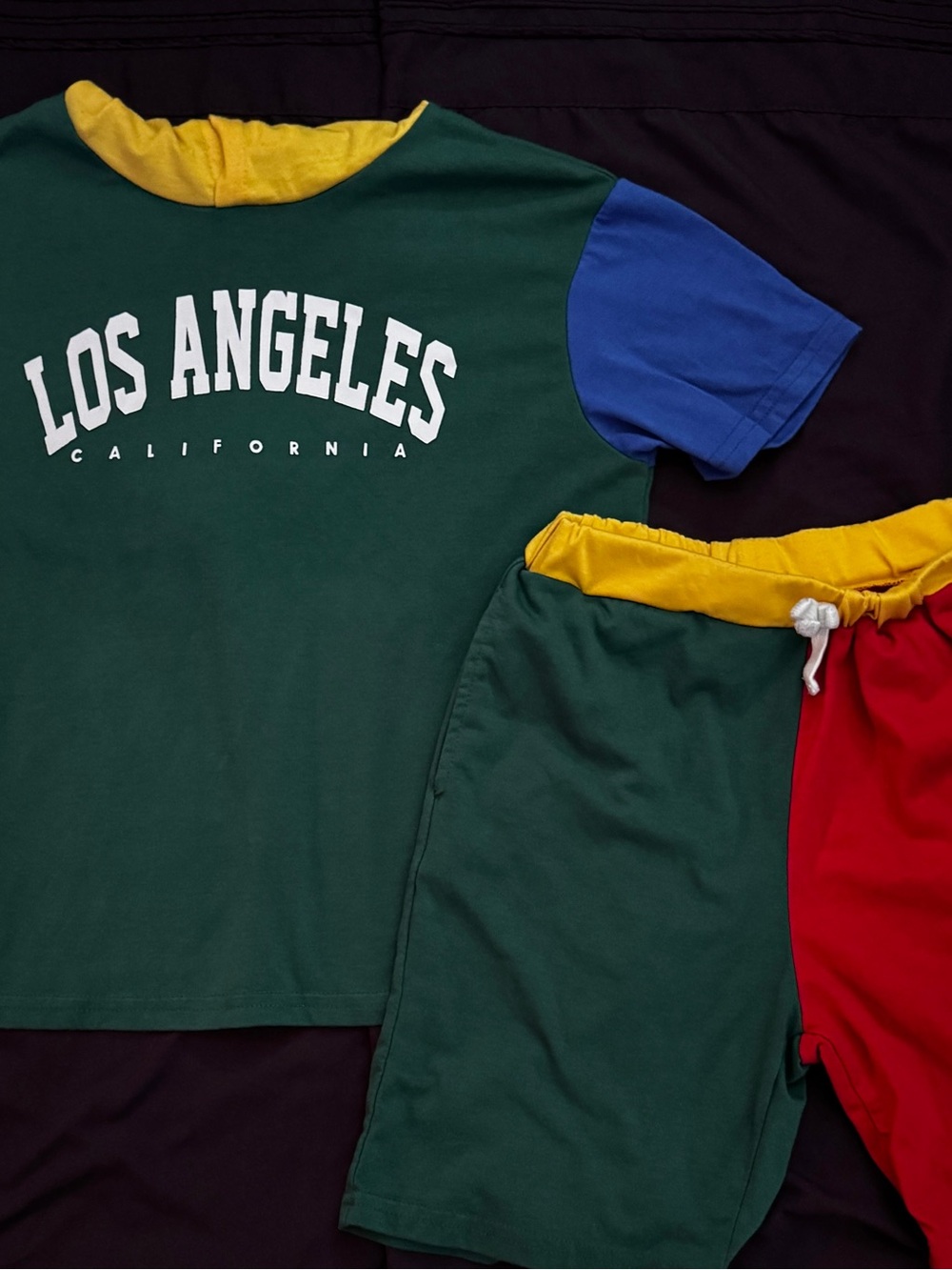 SHEIN Green & Blue 'Los Angeles' Short Sleeve Tee with Yellow Trim